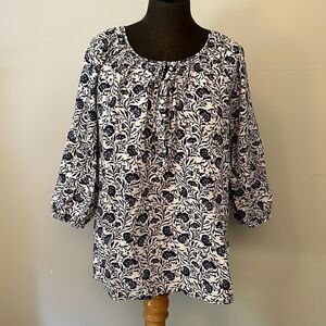 Anne Carson Women's Blue White Floral Tie Front Linen Blend Blouse